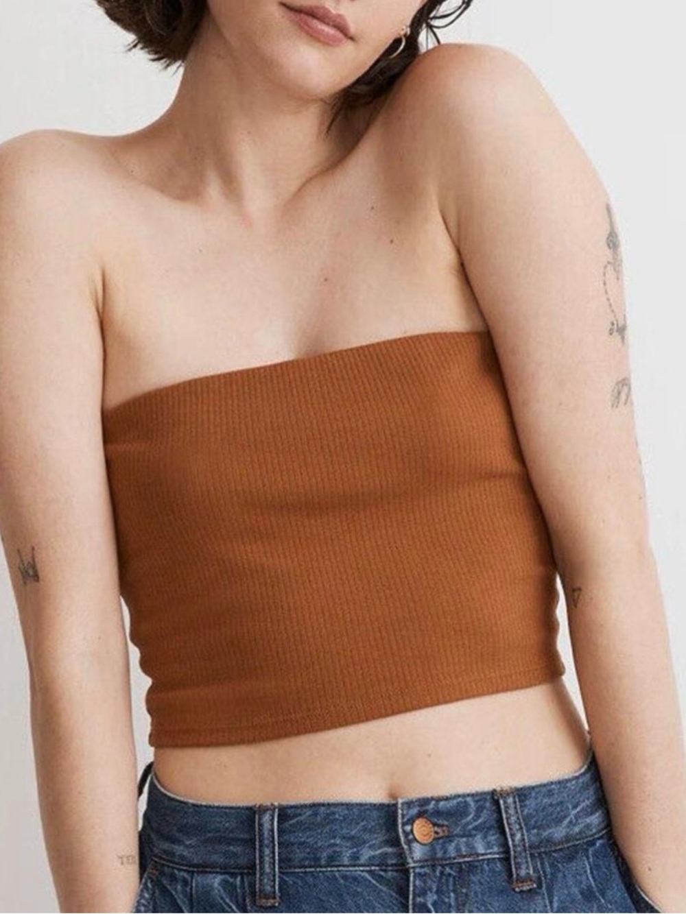Madewell Ribbed Strapless Crop Top in Rusty Brown